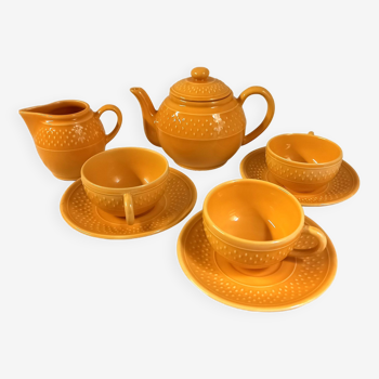 Set of 3 yellow cups + saucers, 1 teapot and 1 milk jug, Geneviève Lethu, Grain de riz, 1984