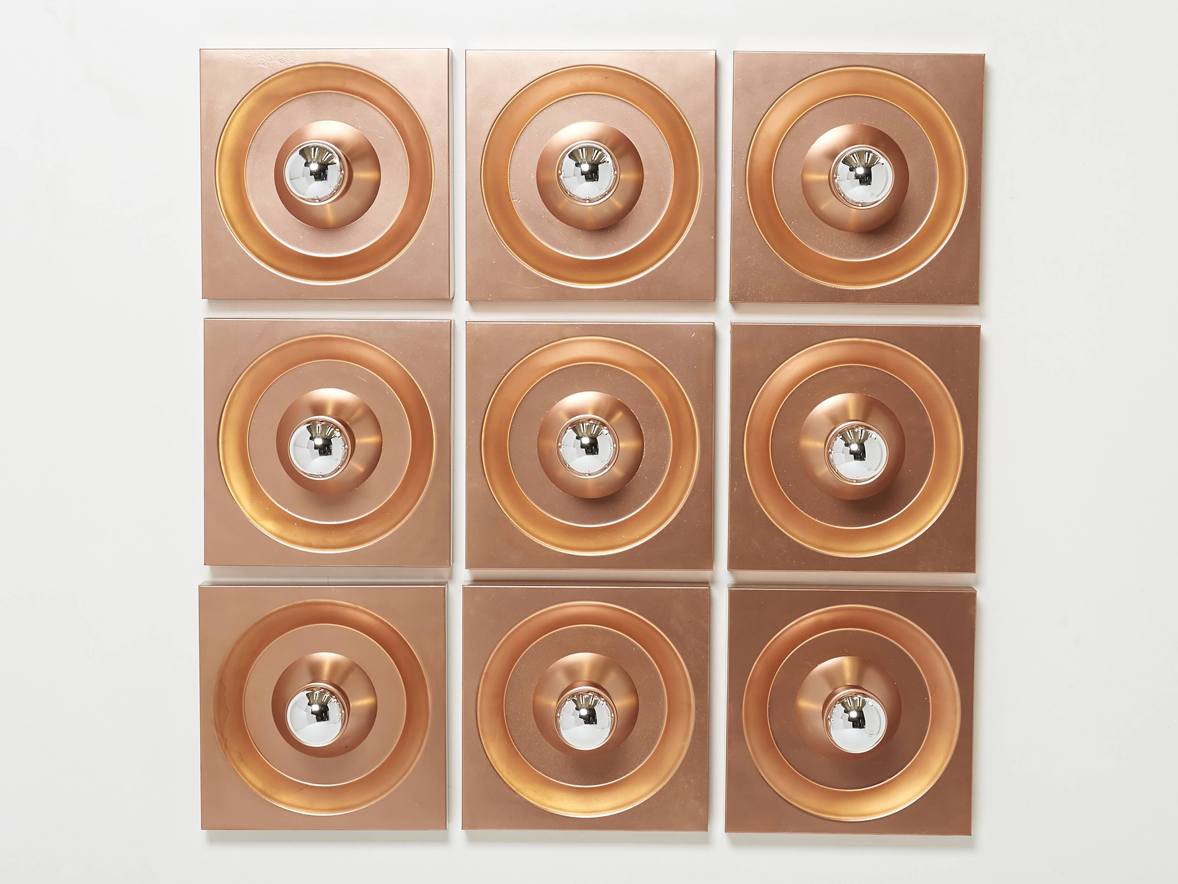Set of nine wall lamps copper Klaus Hempel for Kaiser Leuchten 1970
