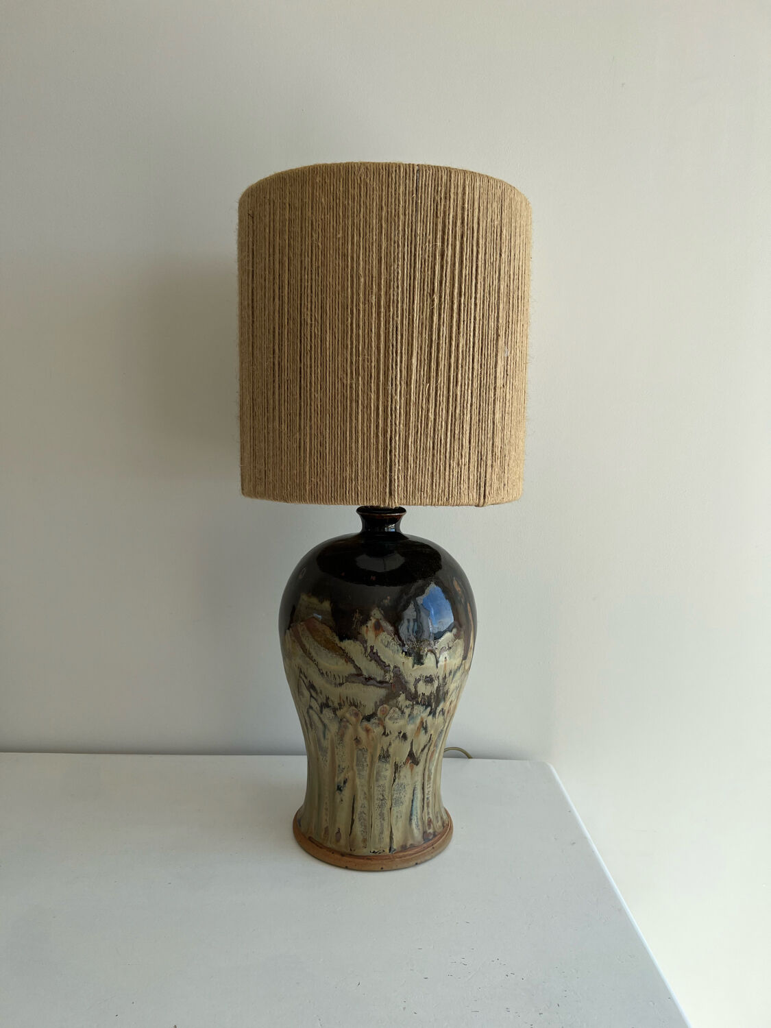 Flamed stoneware lamp and rope lampshade