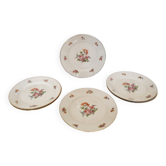 6 French porcelain dessert plates with multicolored flowers and golden edging