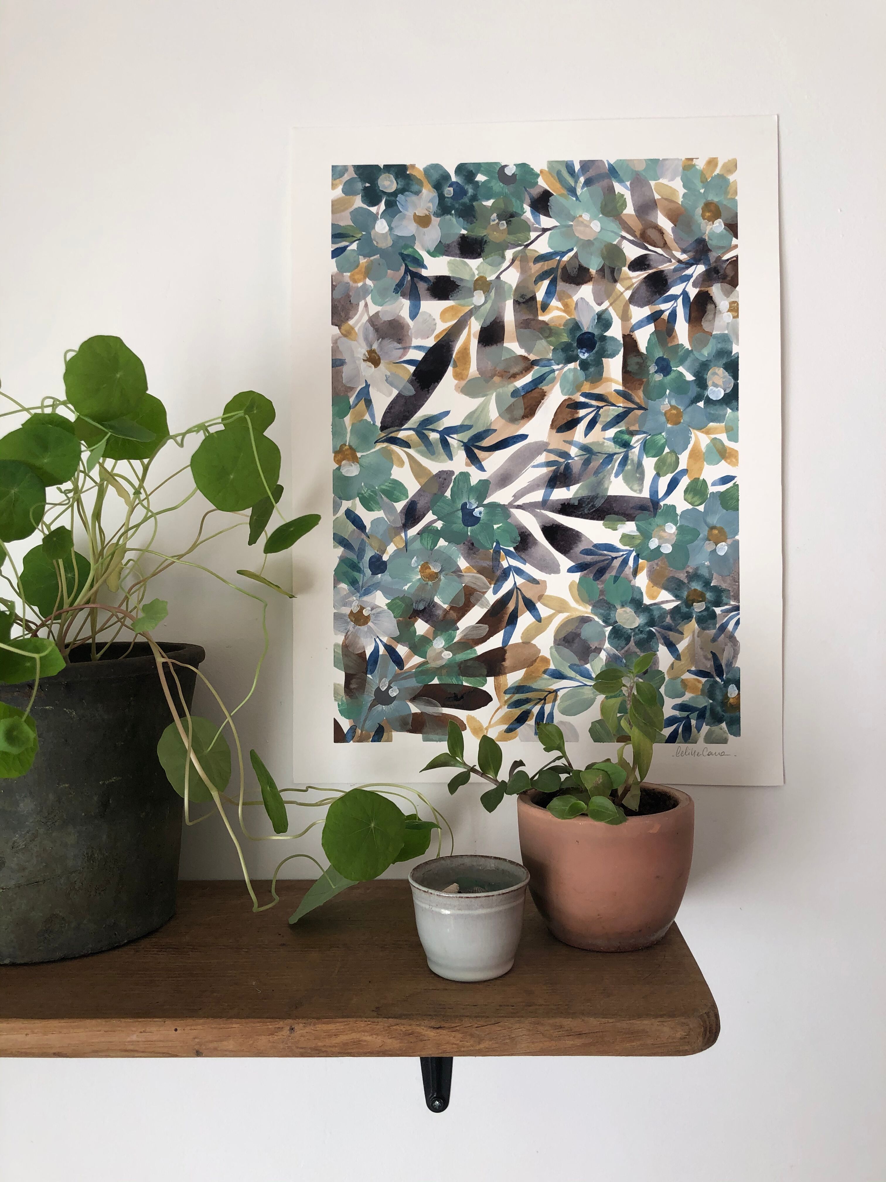 Peinture A3 Fleurs et feuillages du soir