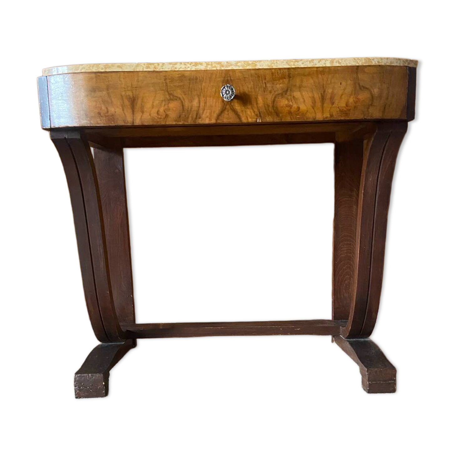 Art Deco console table in oak and walnut – chic and elegant beige marble top