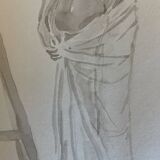 Tableau signé aquarelle portrait féminin « drapée dans l’atelier »