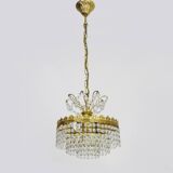 Old chandelier, brass crown ceiling light, 3 floors, 3 lights, glass pendants. 60s