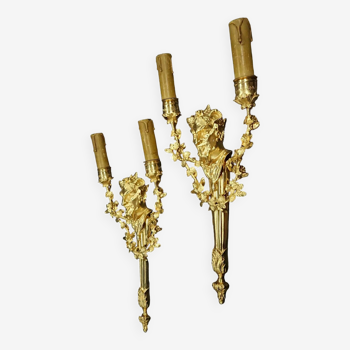 Pair of large sconces, head of Bacchus, 19th century Louis XVI style - bronze