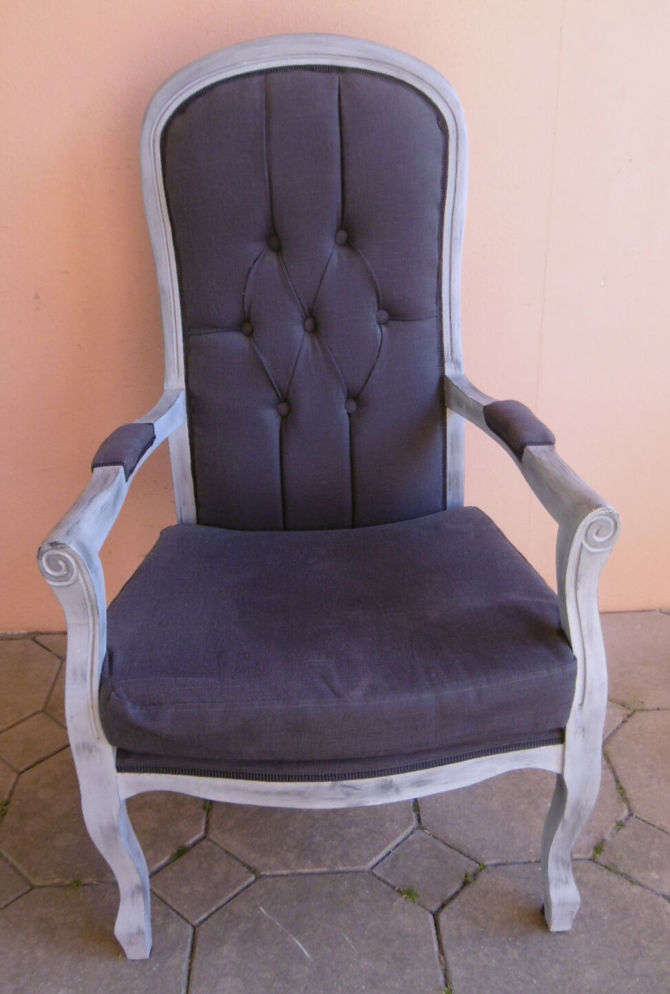GREY PATINATED VOLTAIRE ARMCHAIR AND ANTHRACITE FABRIC