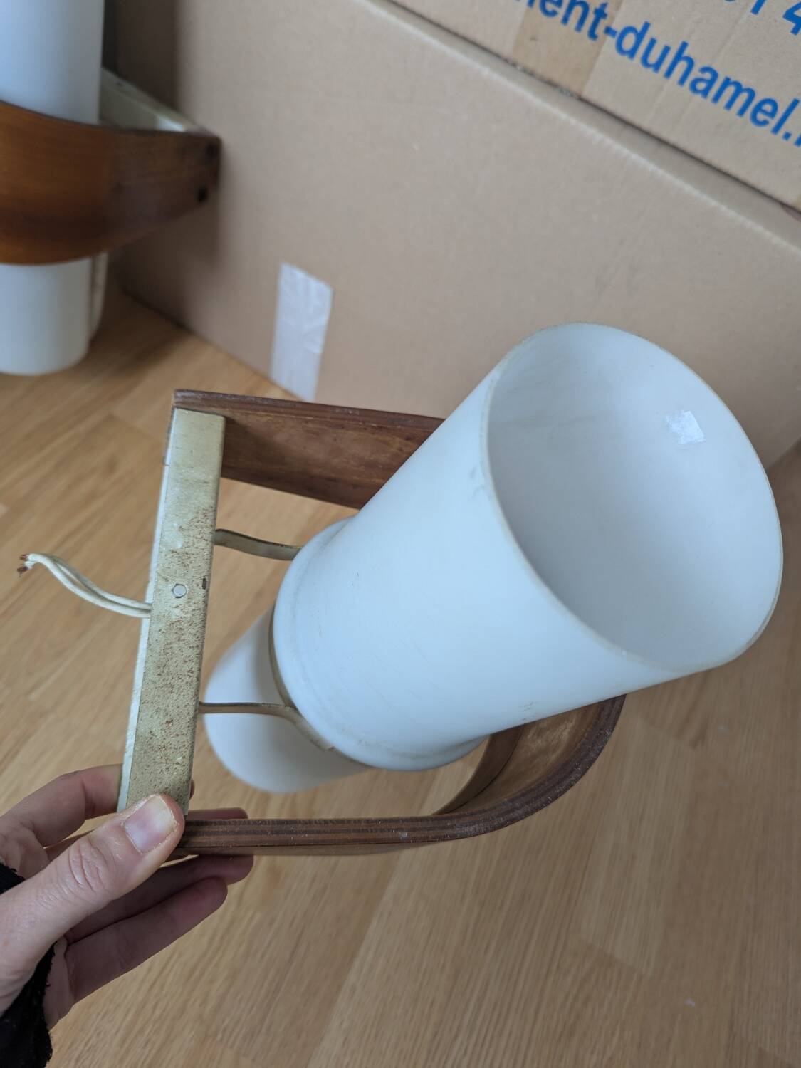 Pair of Louis Kalff NX40 teak and glass wall lights for Philips