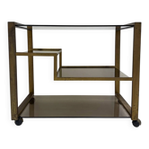 Chariot de bar en laiton des années 50 avec verre fumé, années 70
