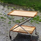 Vintage rolling serving table from the 1950s in chrome metal and wood