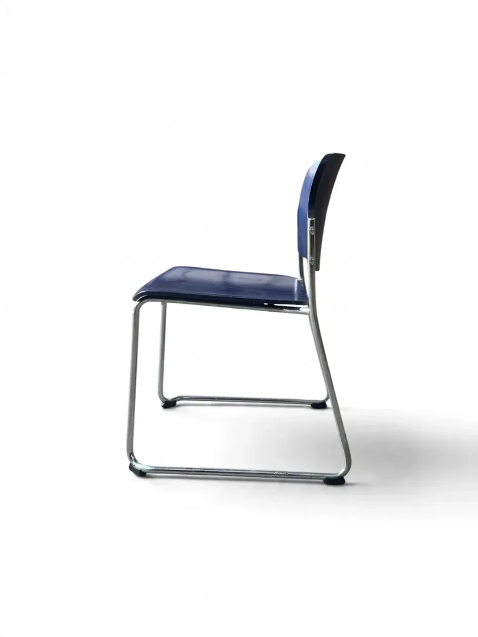 Vintage blue chairs, chrome metal structure, modern mid-century retro seats