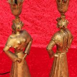 Pair of gilded beaten iron sculpture lamps attributed to Gilbert Poillerat