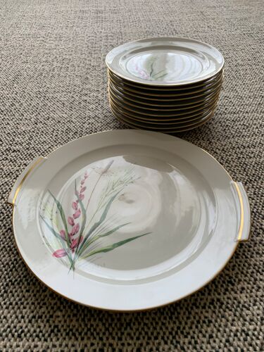 Dessert service, 1 main course & 11 plates in fine porcelain from louis lourioux to Foëcy