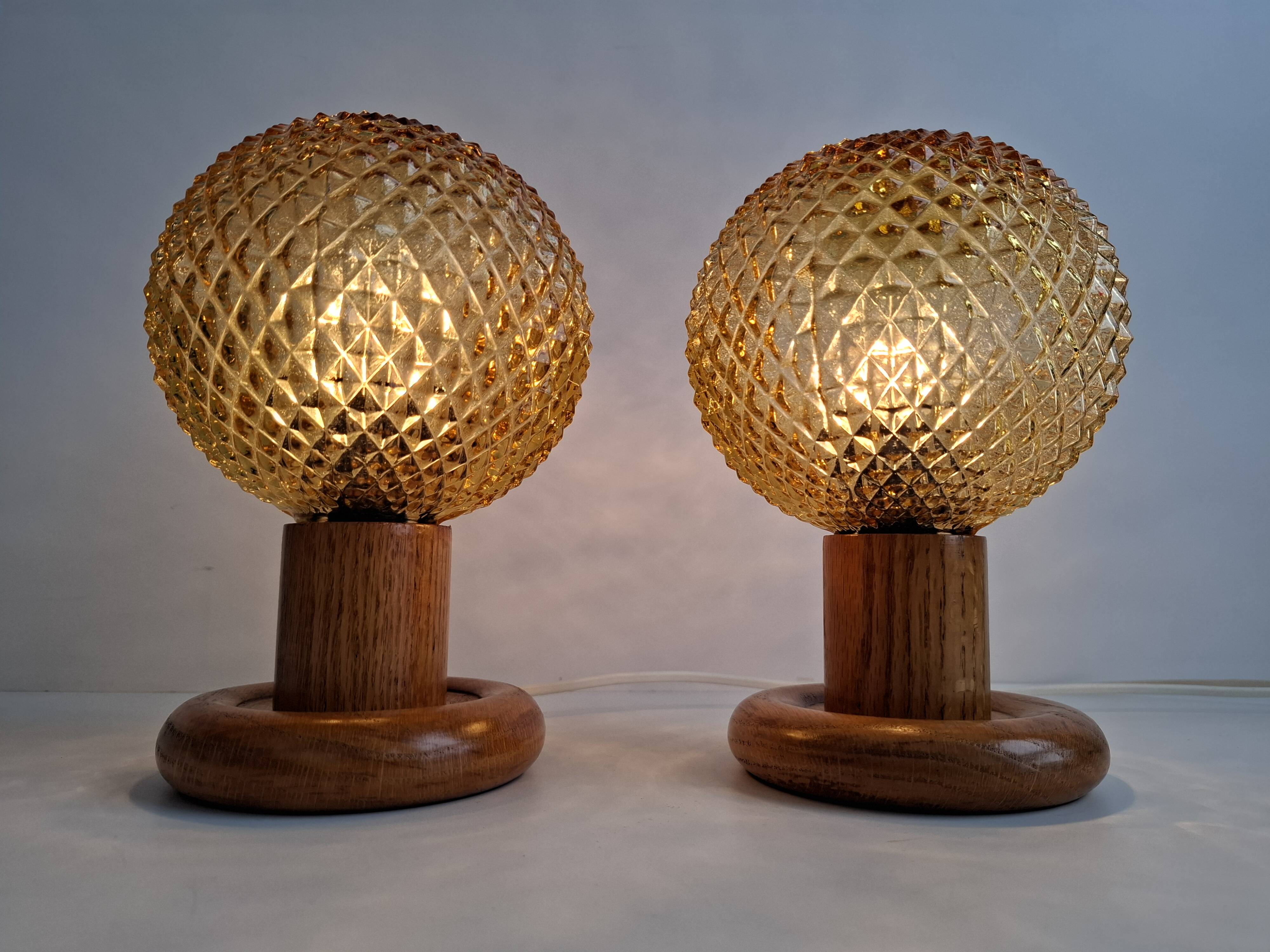 Pair of Mid-Century Table Lamps with Amber Glass and Wooden Base