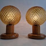 Pair of Mid-Century Table Lamps with Amber Glass and Wooden Base