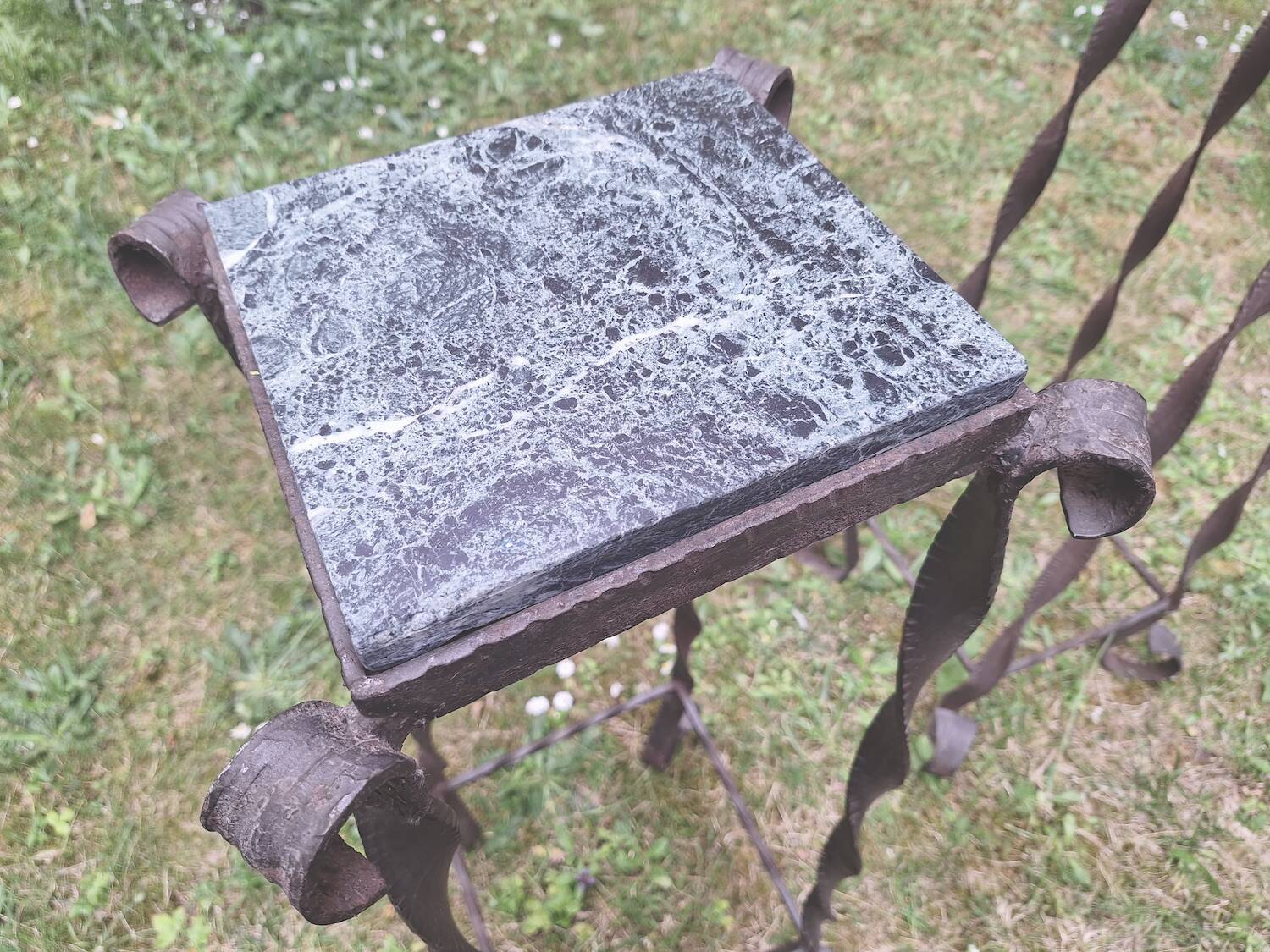 Pair of Brutalist patinated iron and veined marble columns, 1960s