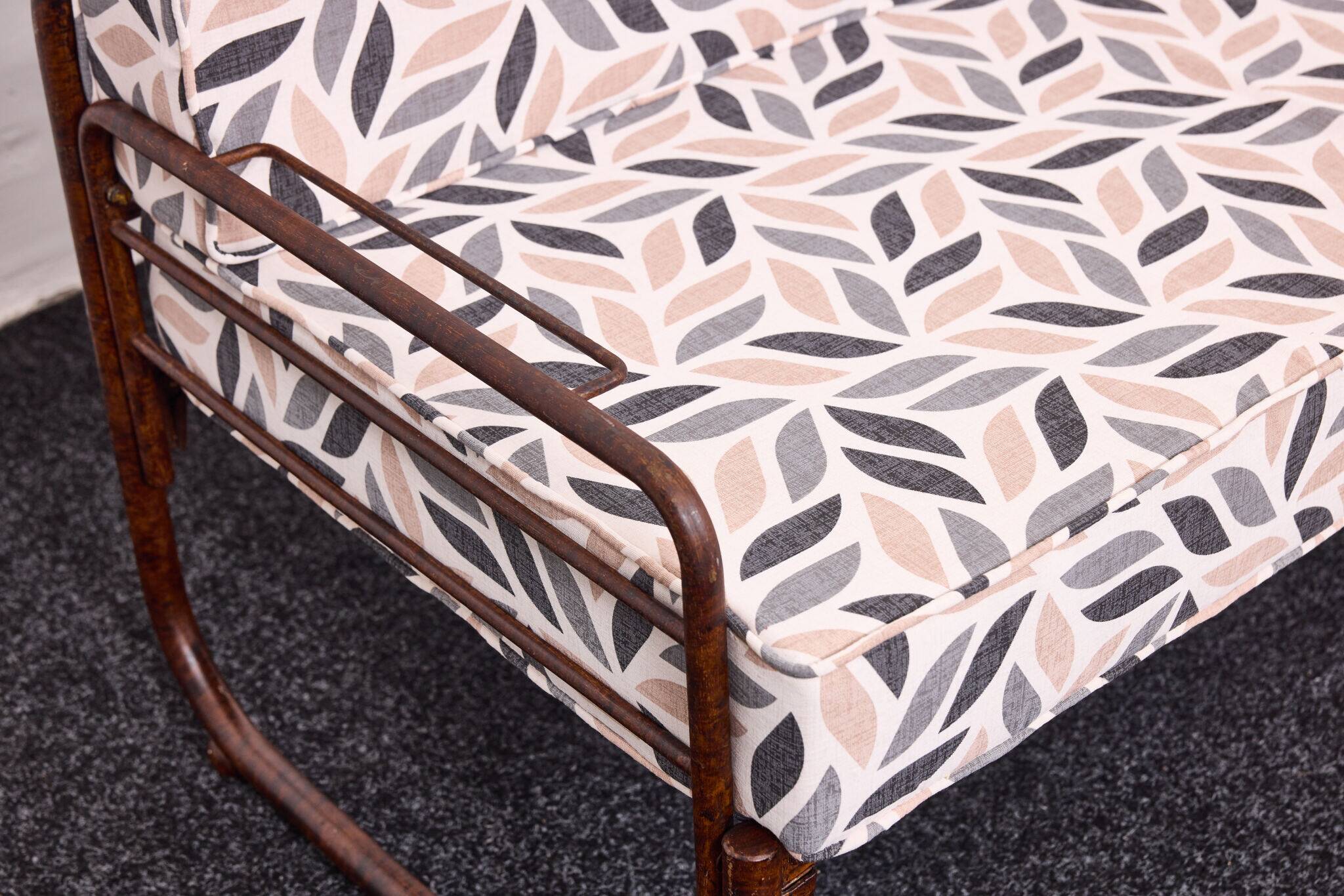 Bauhaus-style tubular steel sofa with hand-paint veneer pattern, 20s