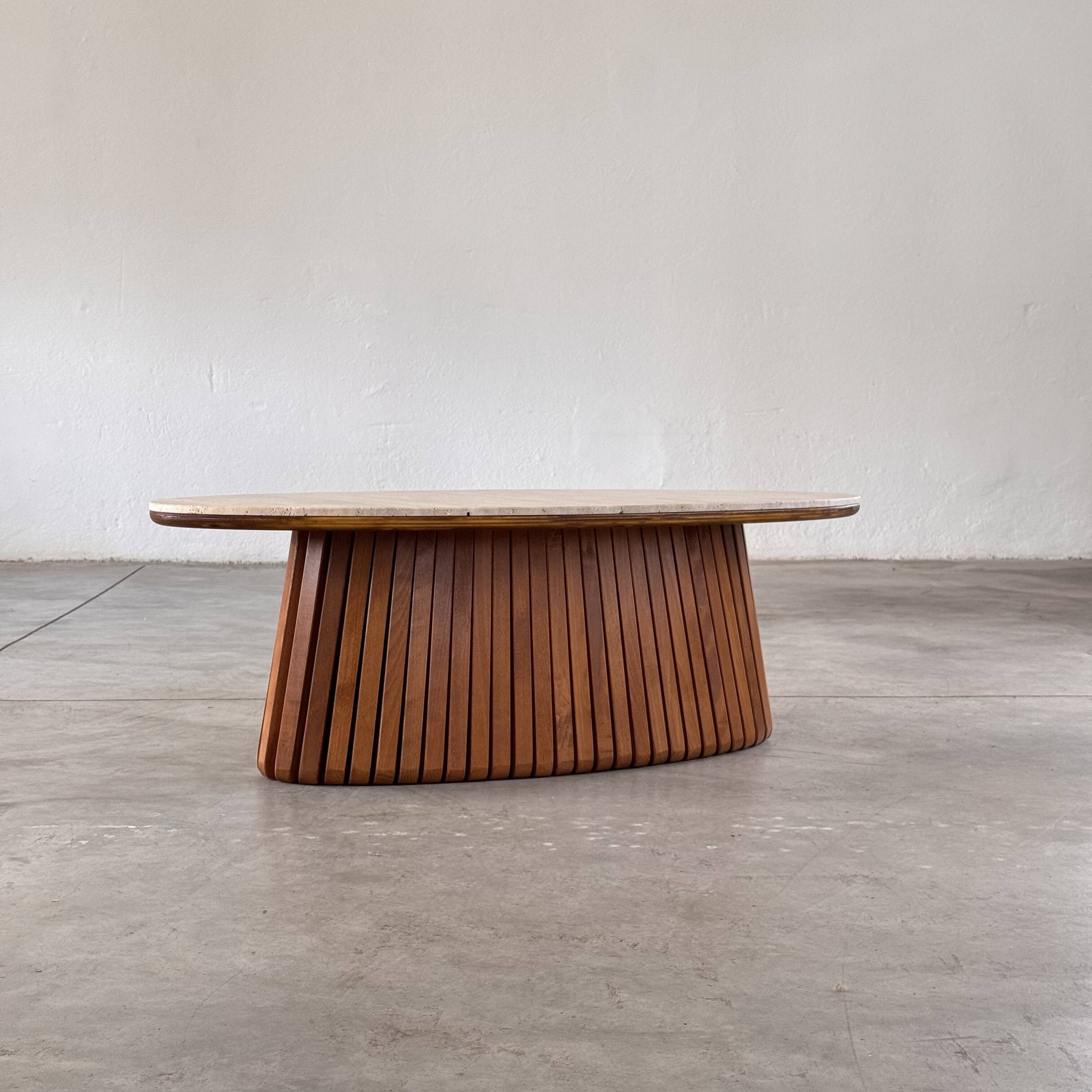 Oval travertine coffee table with ashwood slatted base – italy by forme
