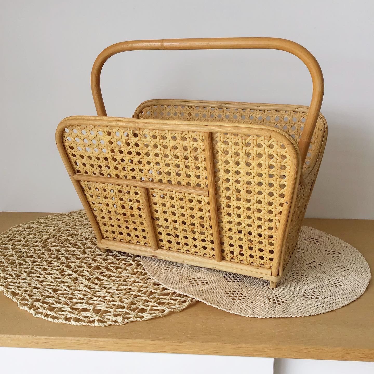 Vintage rattan and canning magazine holder