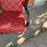 Pair of Art Deco burgundy armchairs in curved wood and fabric by Jindrich Halabala (1930s)