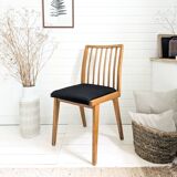 Chaise vintage Mid-Century à barreaux en bois massif avec assise à ressorts