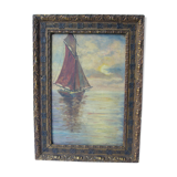 Painting depicting a boat painted in oil on cardboard framed, signed