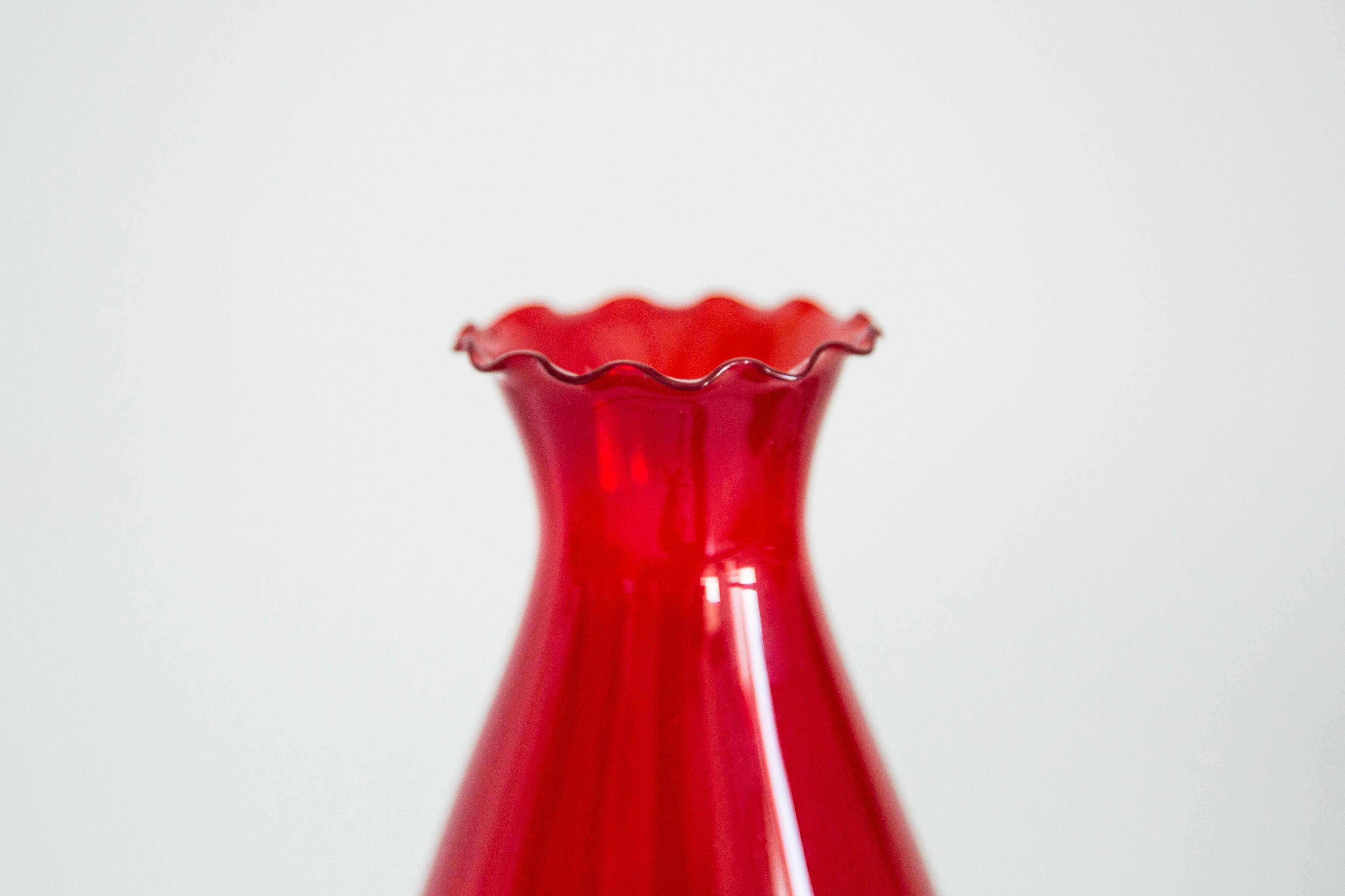 Thin red glass vase from the mid-century with a ruffle, Europe, 1960s