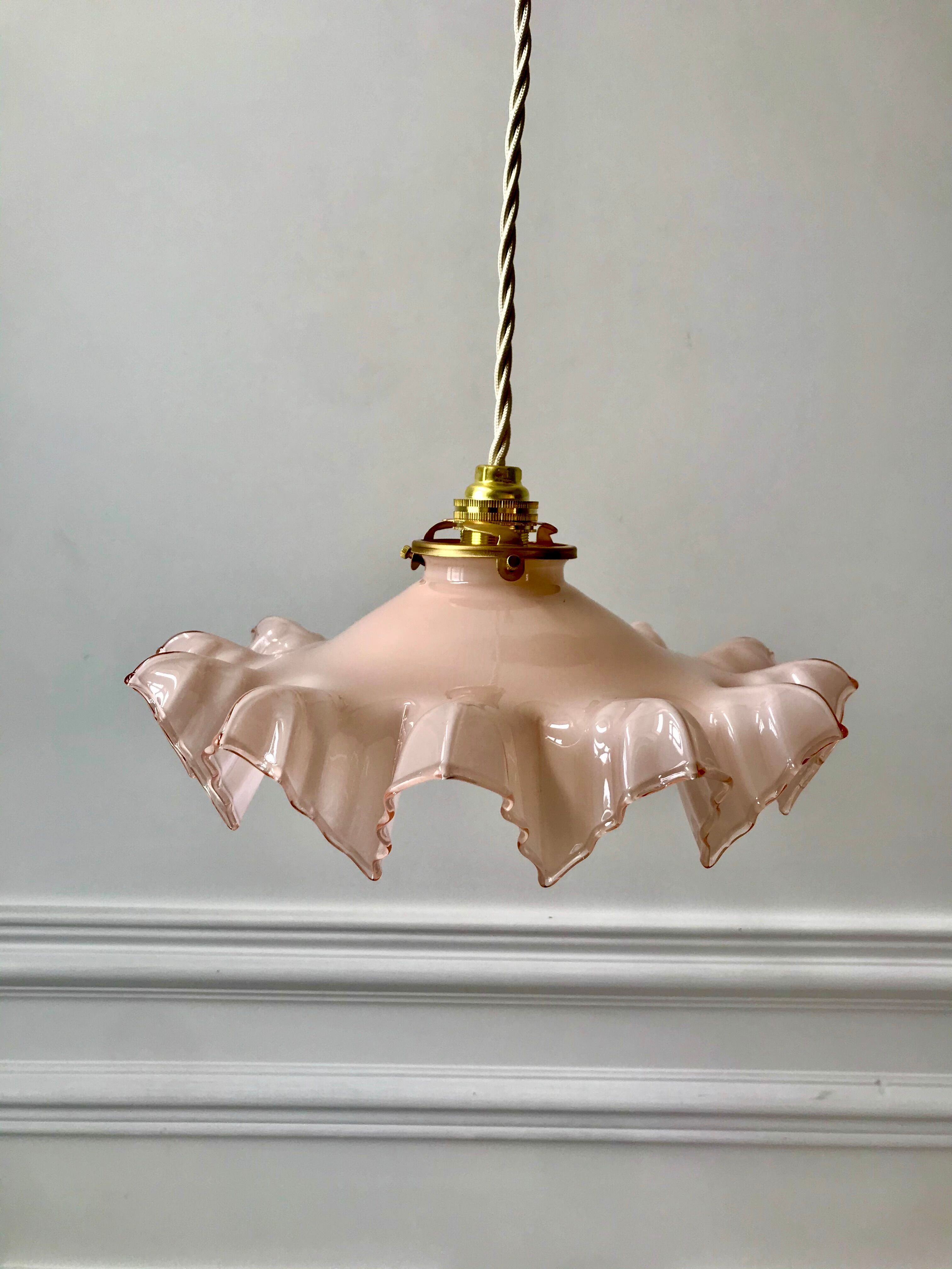 suspension in serrated opaline pleated pink early twentieth century