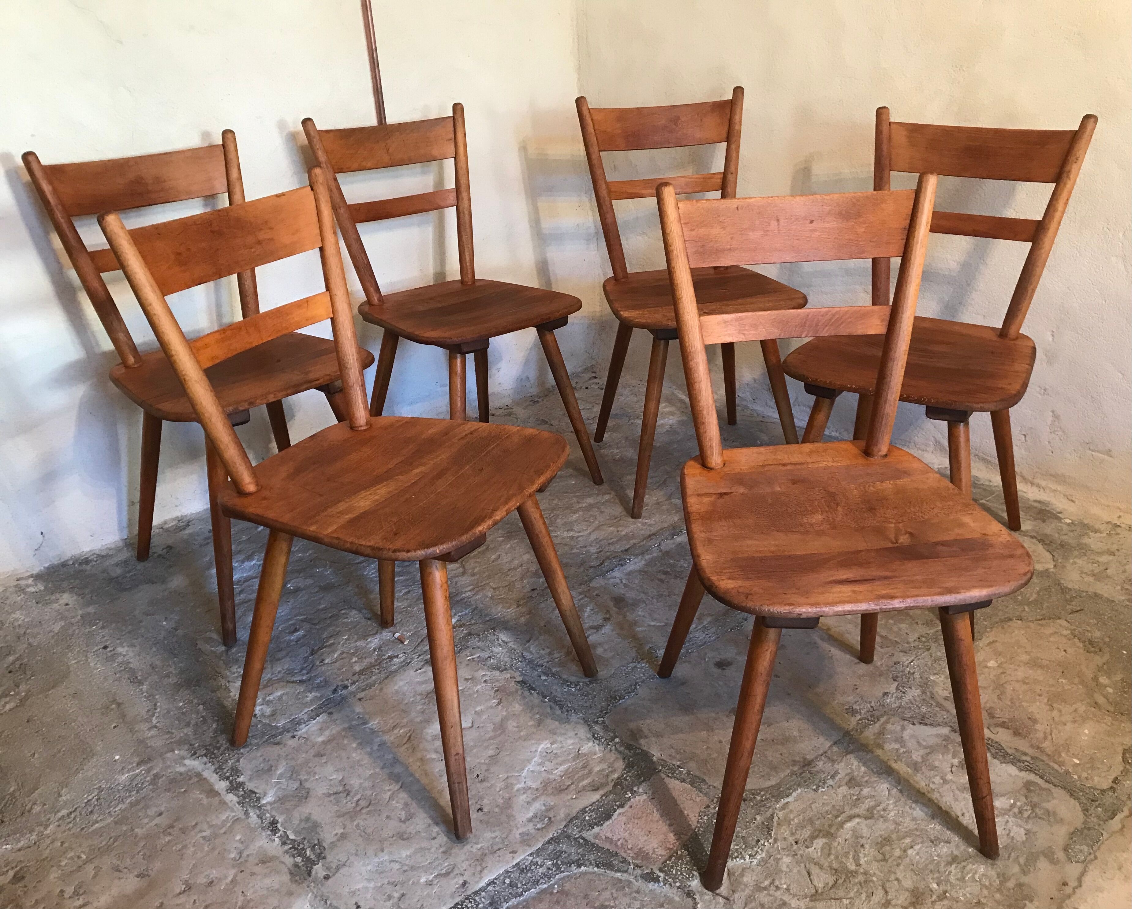 Set of 6 vintage solid wood chairs with compass legs 1960's