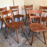 Set of 6 vintage solid wood chairs with compass legs 1960's