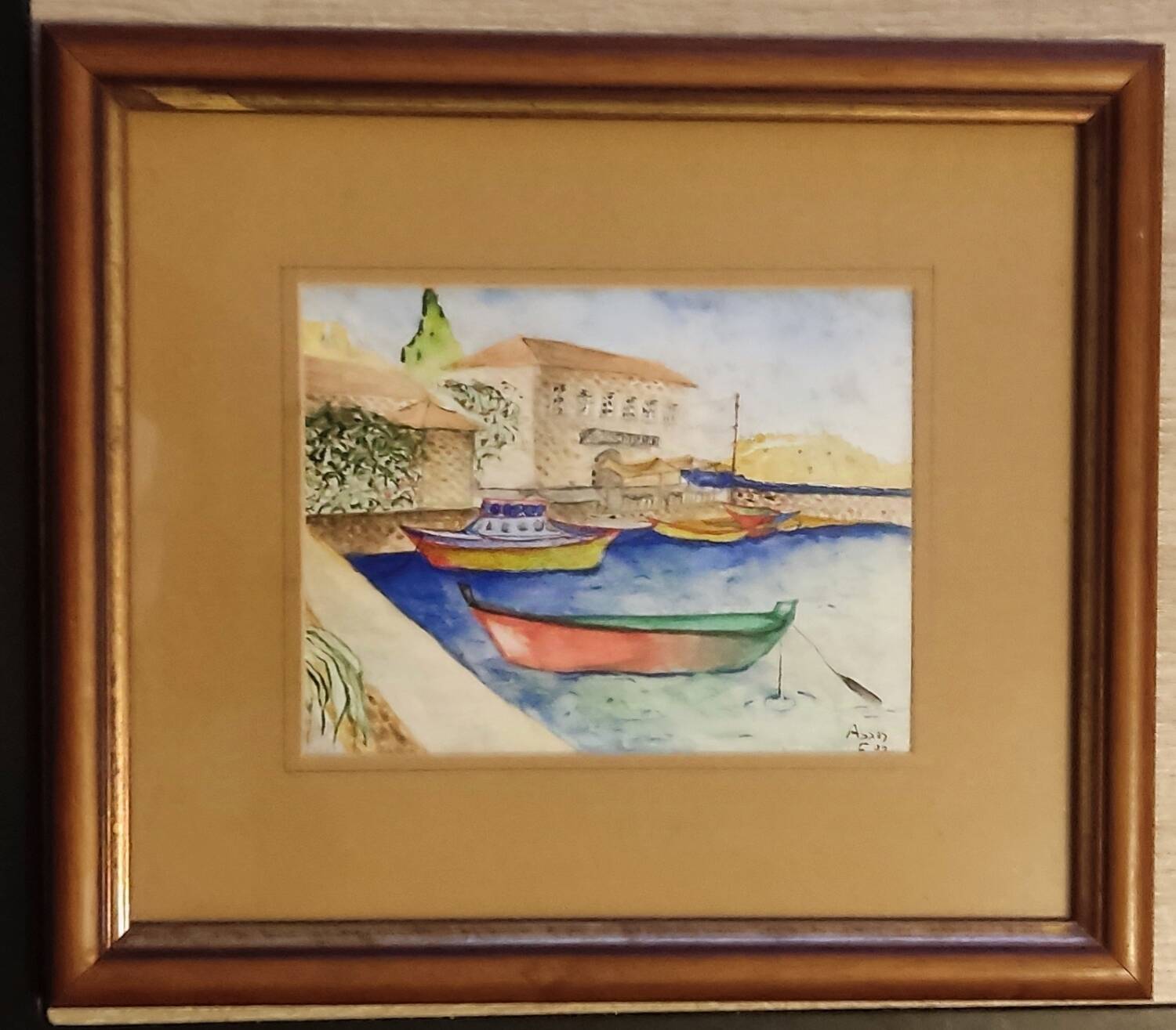 Marine painting on canvas fishing boats at the port