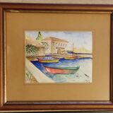 Marine painting on canvas fishing boats at the port