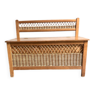 Banc coffre à jouet en bois et rotin