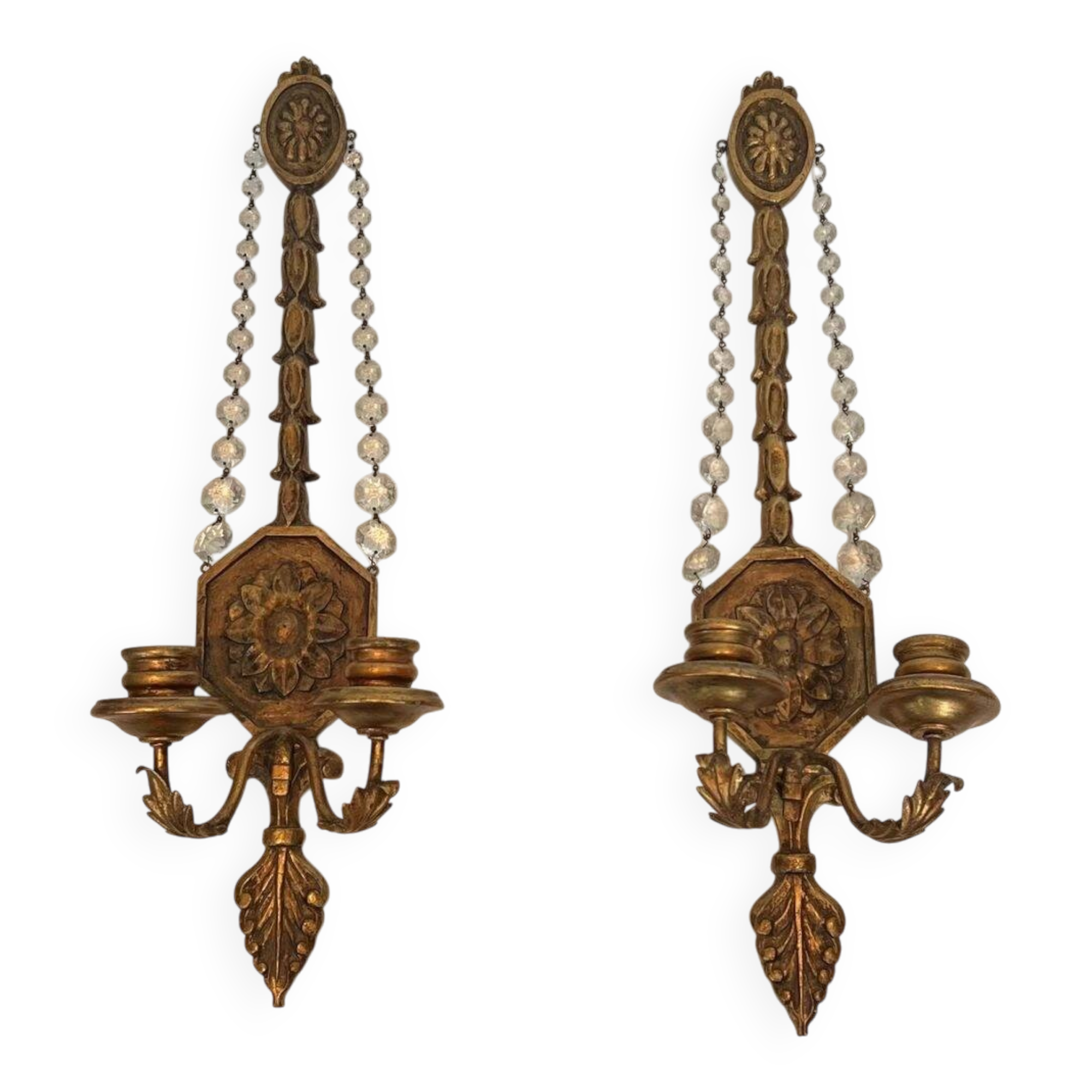 Important Pair of Gilded Carved Wood Wall Lights with Crystal Garlands