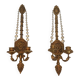 Important Pair of Gilded Carved Wood Wall Lights with Crystal Garlands