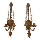 Important Pair of Gilded Carved Wood Wall Lights with Crystal Garlands