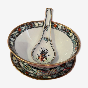 old bowl, plate and spoon with floral and animal decoration