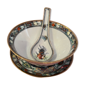 old bowl, plate and spoon with floral and animal decoration