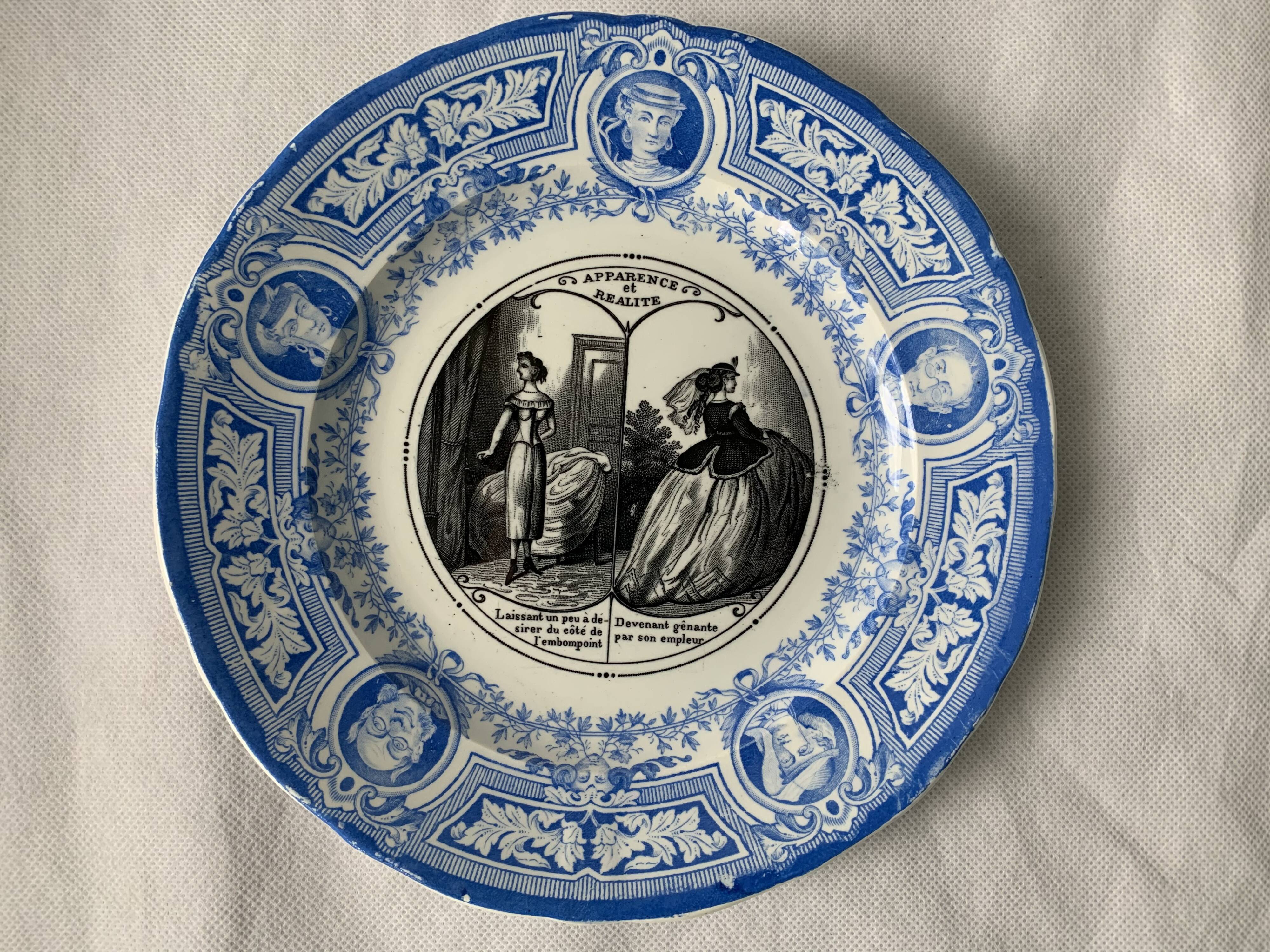 4 antique blue and black dessert plates Jules Vieillard Bordeaux 19th century