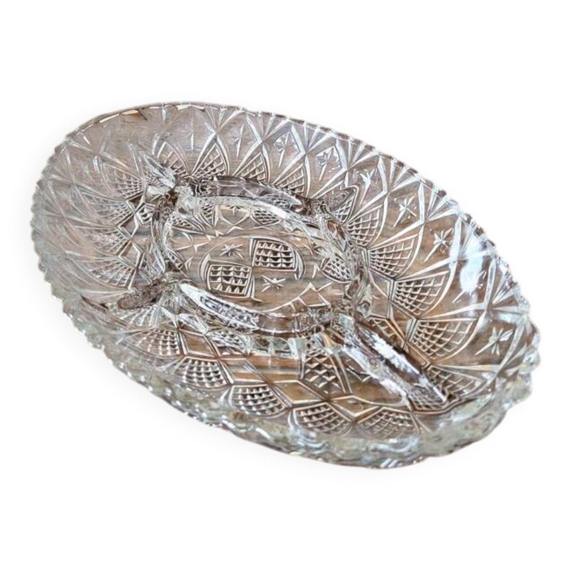 Vintage glass aperitif platter, 5-compartment server.