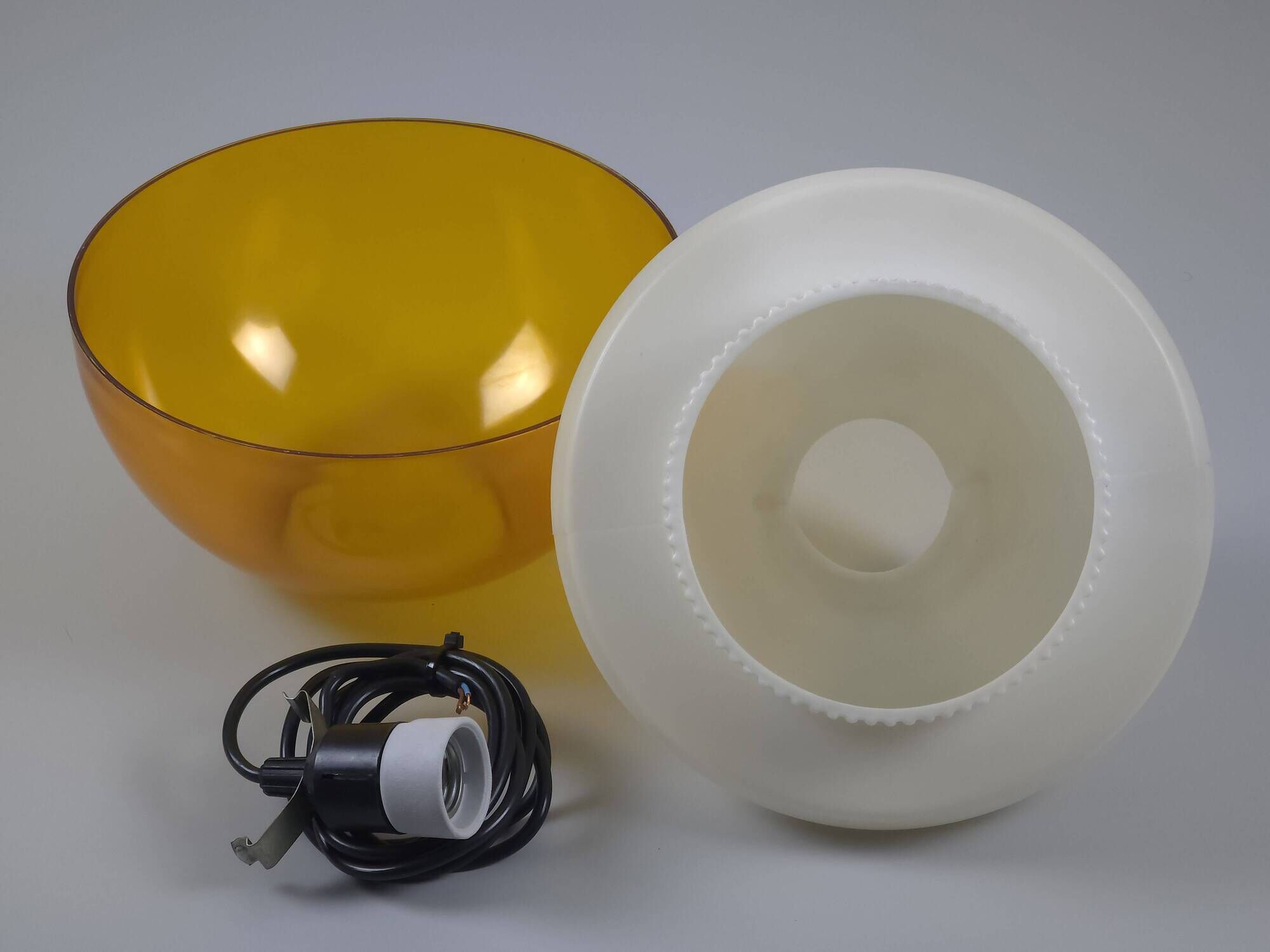 Vintage 1970s Philips Amber Acrylic & White Dome Mushroom UFO Pendant Lamp