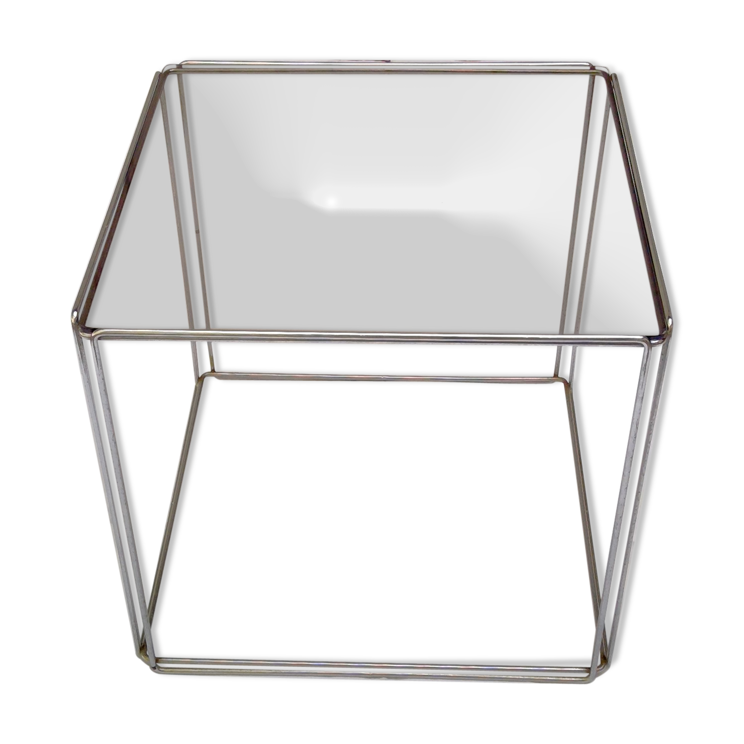 Square coffee table of Max Sauze in chromed structure and glass circa 70