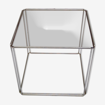 Table basse carré de Max Sauze en structure chromée et verre circa 70