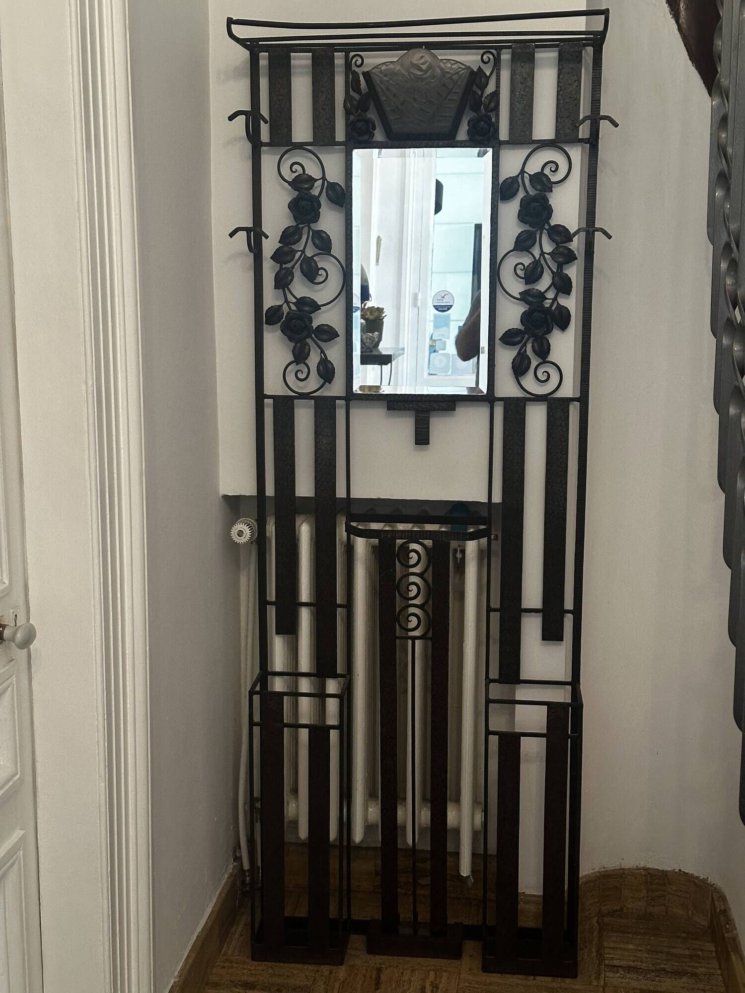 Art deco wrought iron coat rack and Degue lamp