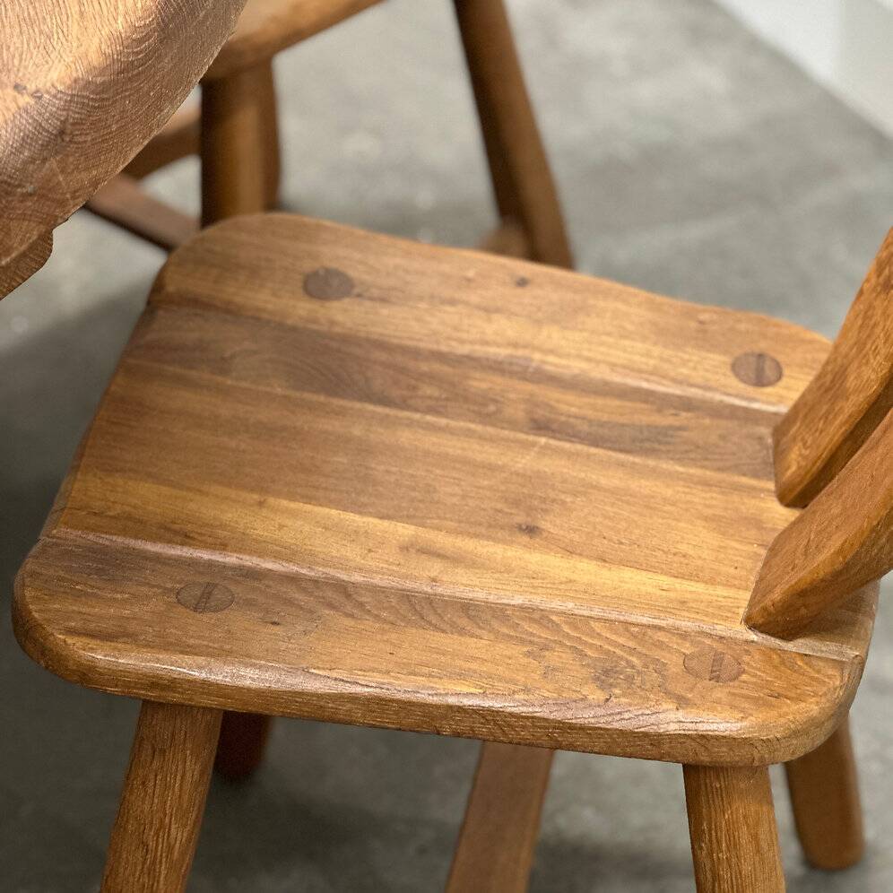 Rare majestic Depuydt brutalist oak dining set/chairs/table– Belgium, 1970s