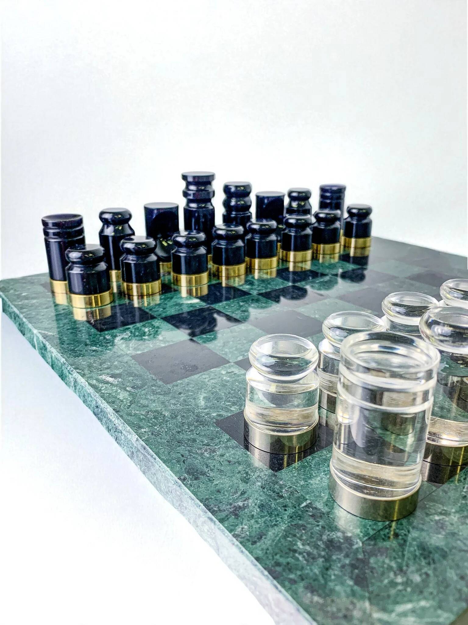 Acrylic & gilt brass chess set with marble board, Italy, 1970s