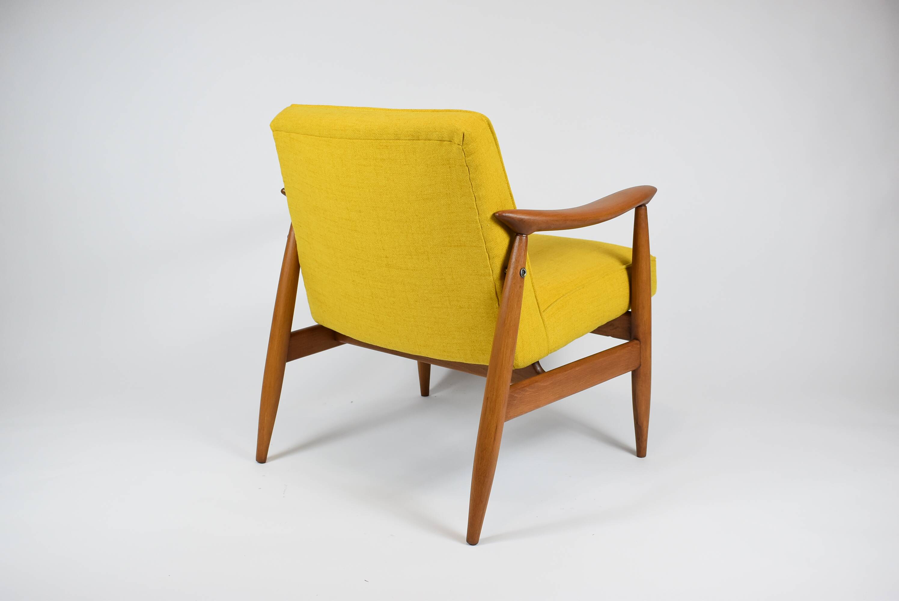 Vintage original armchair , 1960s, fully restored, yellow fabric, teak
