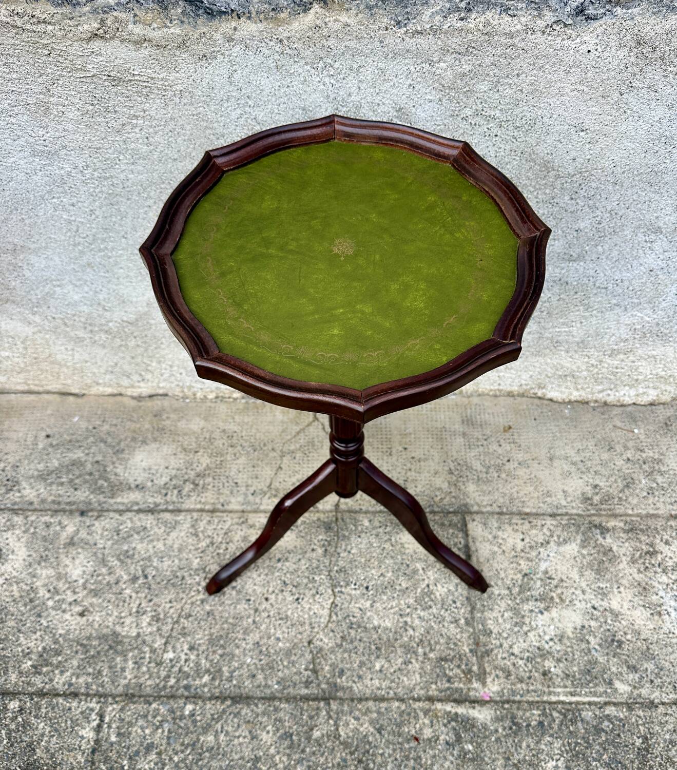 Small antique wooden and leather pedestal table, vintage wine side table