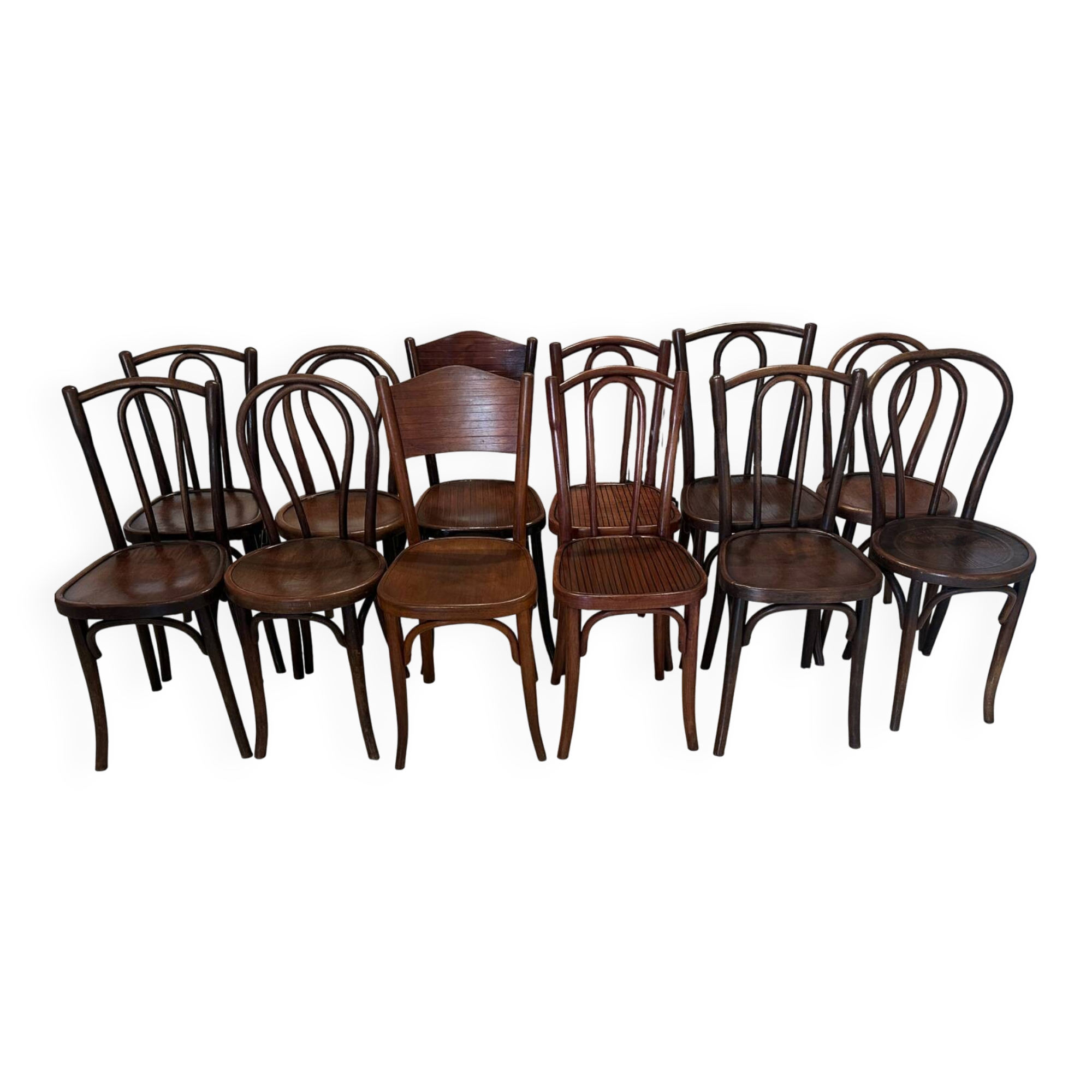 Set of 12 mismatched bistro chairs Thonet, Baumann, Fischel 1930