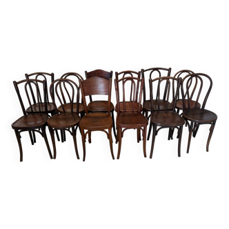 Set of 12 mismatched bistro chairs Thonet, Baumann, Fischel 1930