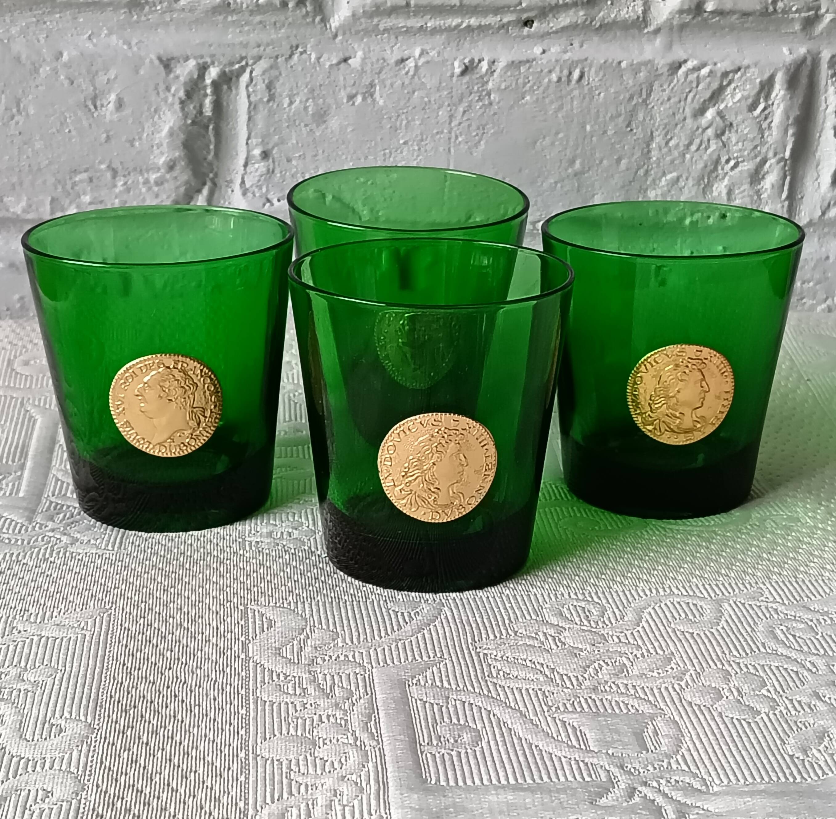 4 green dubonnet byrrh glasses with medallion of the kings of france